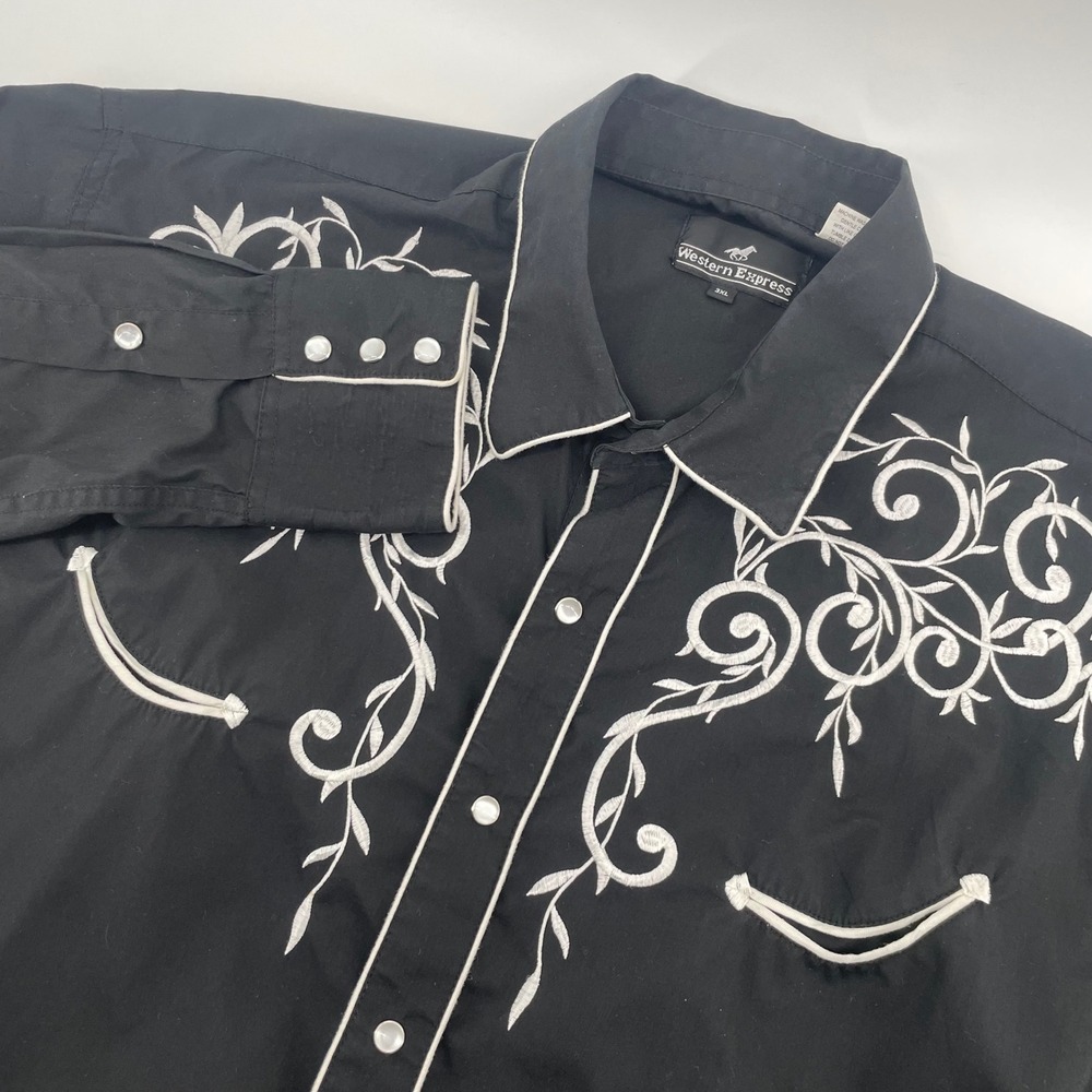 Western Express Shirt Mens 3XL Black Embroidered Pearl Snap Long Sleeve Western